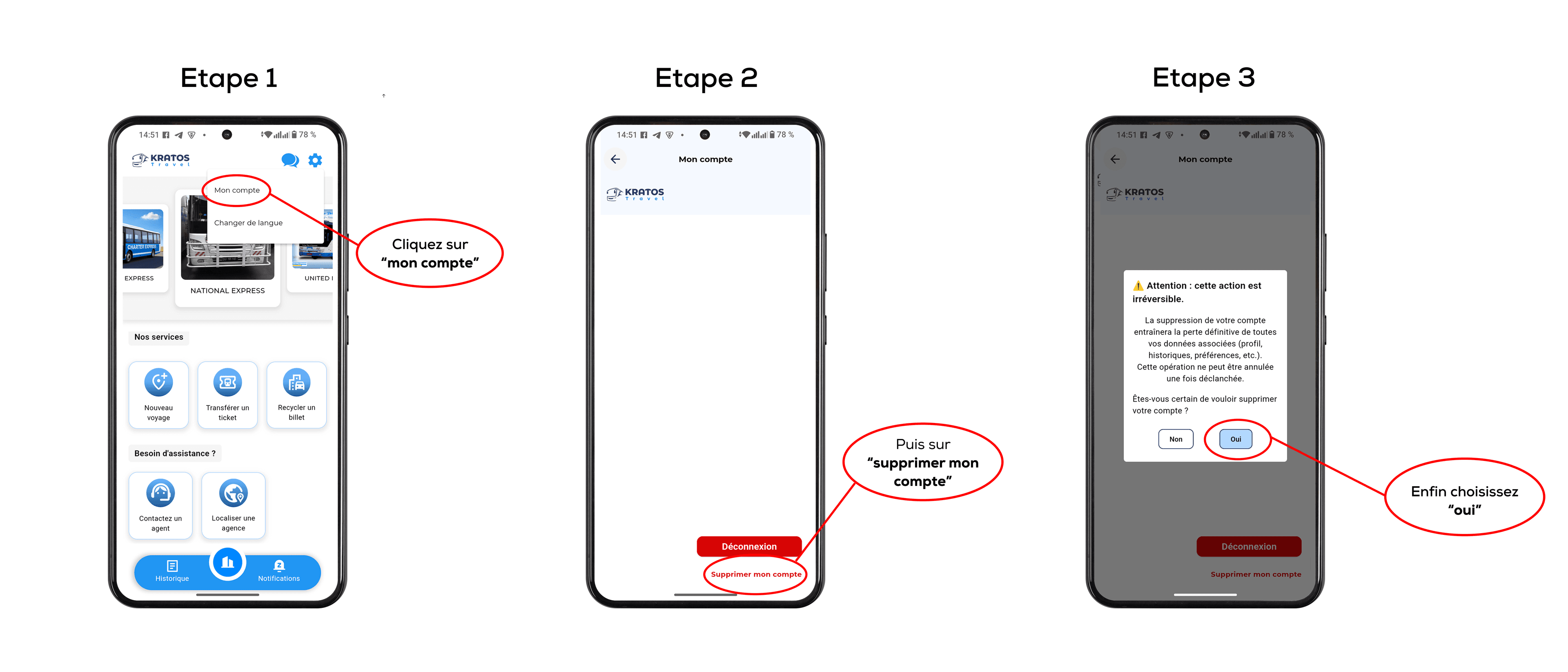 Étapes pour supprimer son compte Kratos Travel