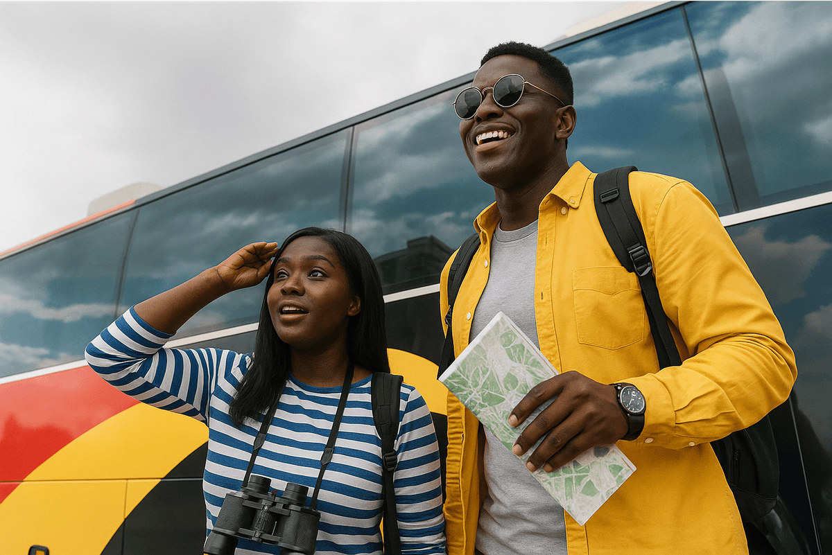 Homme et femme regardant une carte à une gare routière au Cameroun